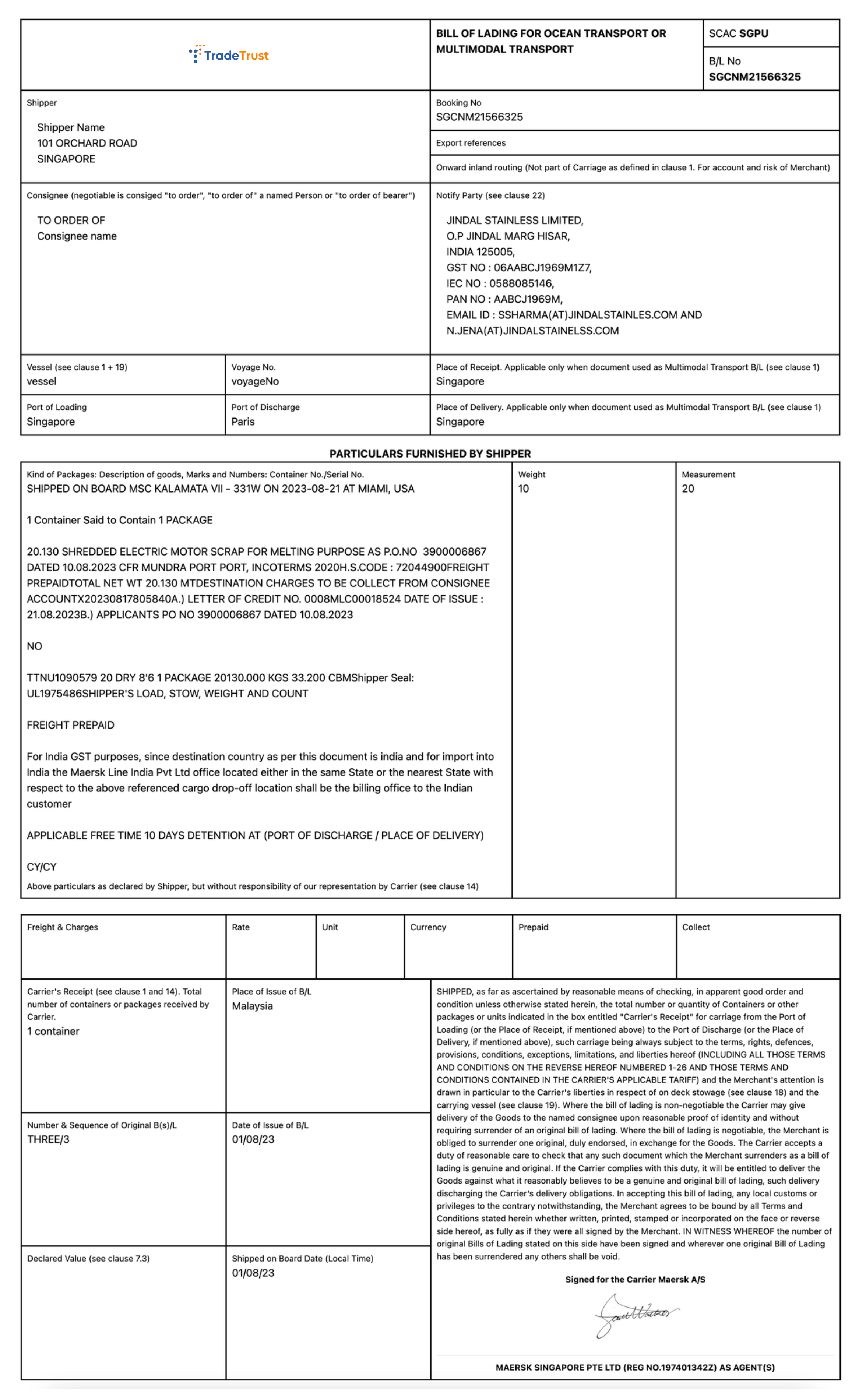 Electronic Bill of Lading (Carrier)